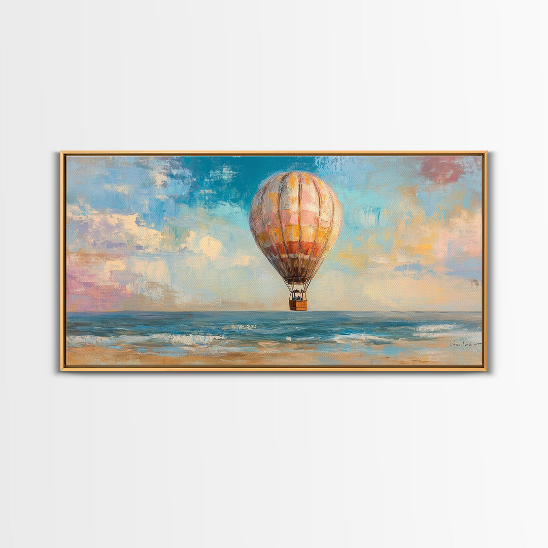 Hot Air Balloon Drifting Over Ocean Canvas Print, Coastal Wall Art, Travel Poster Style, Colorful Beach House Living Room Decor