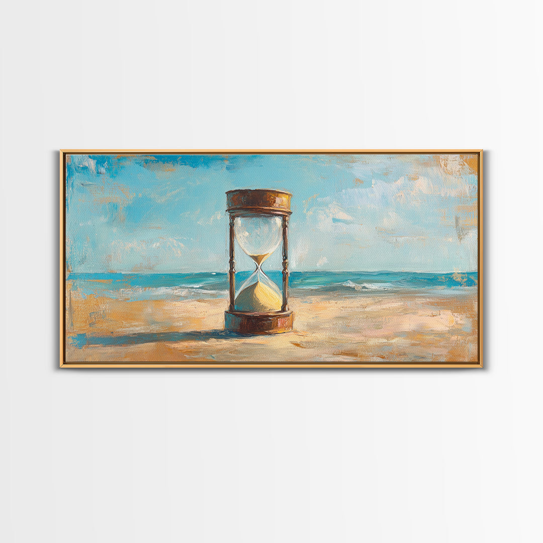 Hourglass In Sand By Turquoise Sea Canvas Print, Coastal Wall Art, Beach House Decor, Ocean Landscape, Summer Home Decor