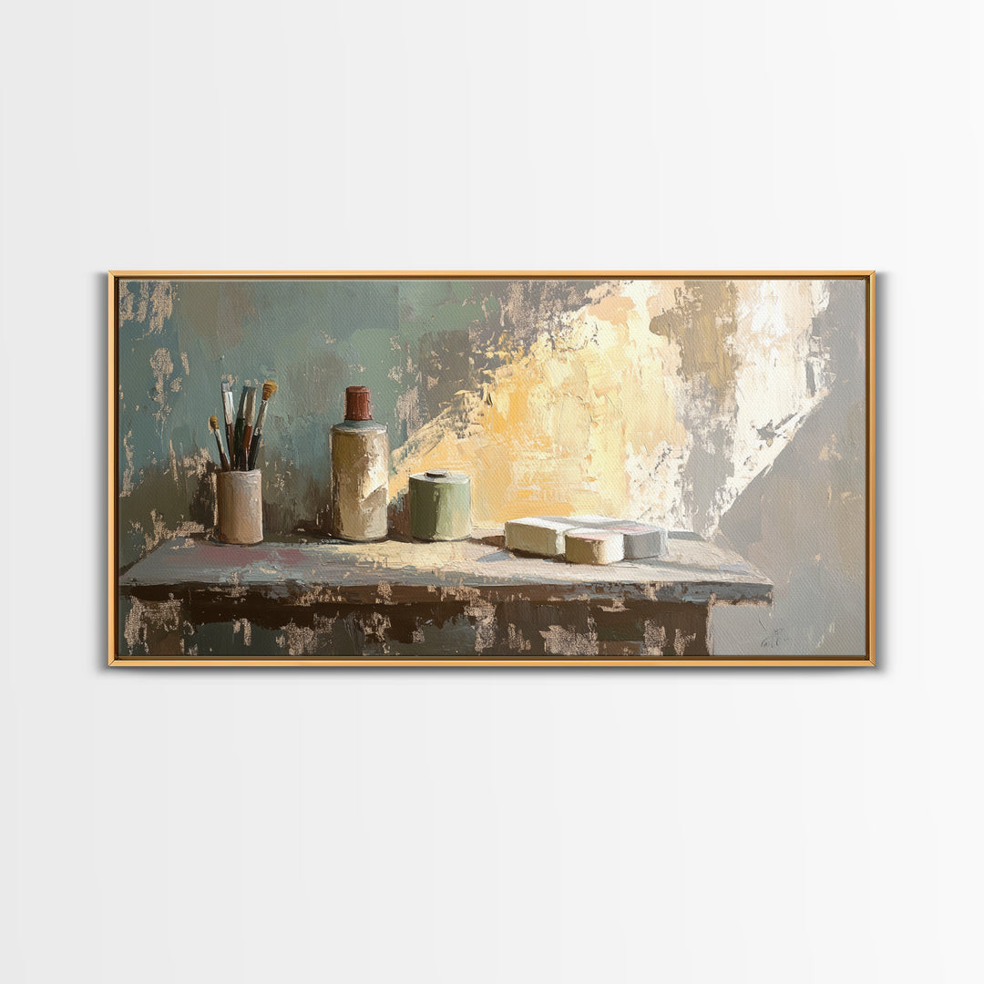Artist Brushes And Paint Tubes On Sunlit Table Wall Art, Creative Studio Decor, Modern Rustic Still Life Canvas Print, Home Decor