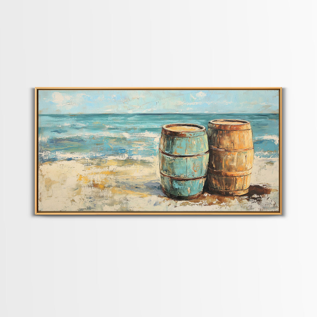 Weathered Barrels On Sandy Beach Wall Art, Coastal Canvas Print, Nautical Beach House Decor, Seascape Ocean Living Room Art