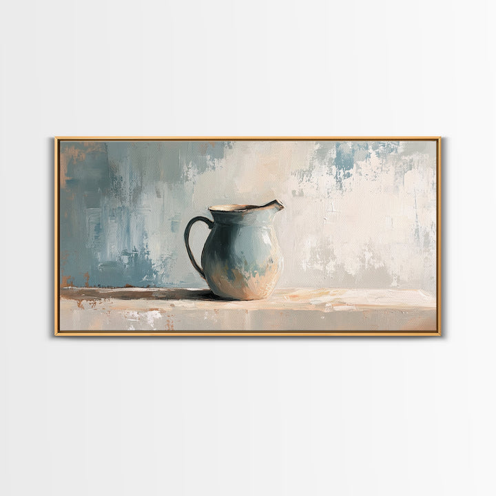 Blue Ceramic Pitcher Minimalist Still Life Wall Art, Neutral Canvas Print For Kitchen Decor, Farmhouse Decor And Office Decor