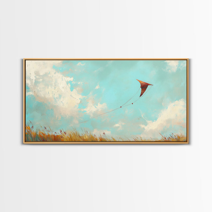 Red Kite In Blue Summer Sky Wall Art, Whimsical Canvas Print For Kids Room Decor, Nursery Decor And Coastal Home Decor Gift