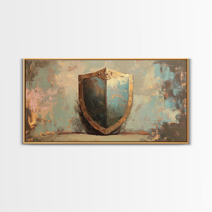 Antique Blue Shield Framed Canvas Print, Medieval Wall Art, Fantasy Decor, Rustic Office Decor, Man Cave Gift For Him, Home Decor