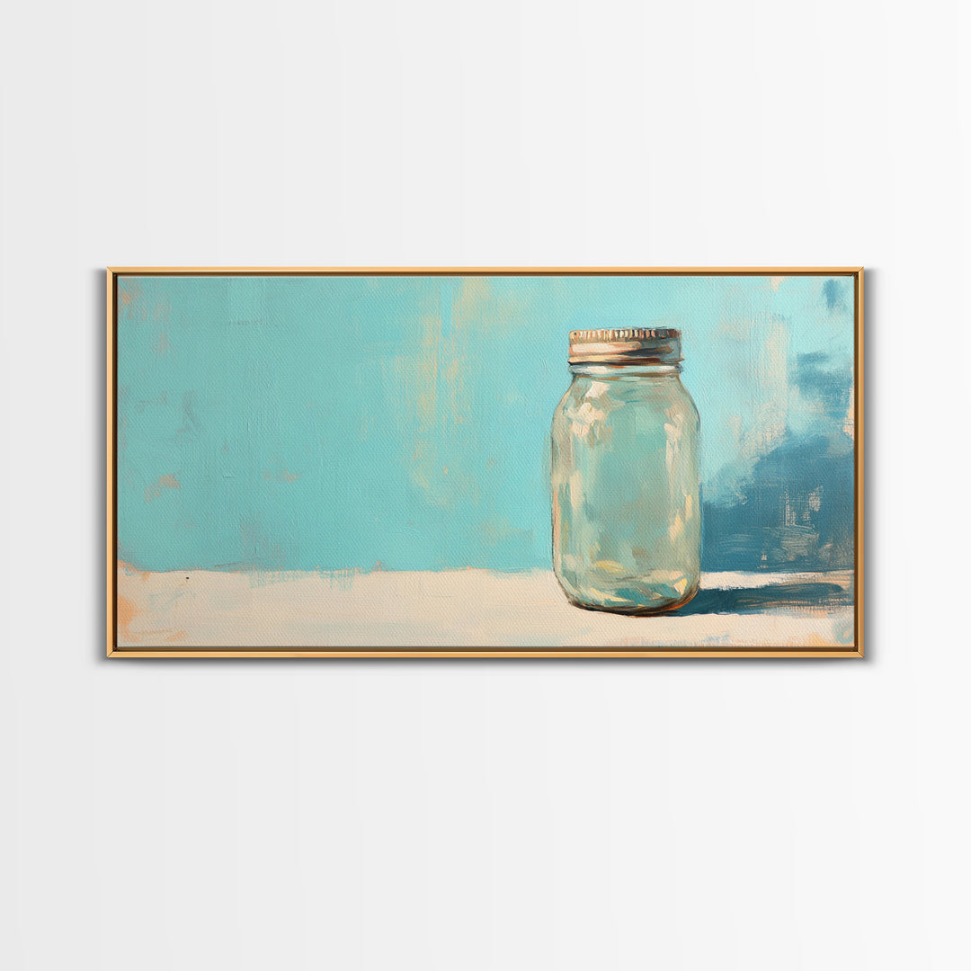 Single Mason Jar On Turquoise Background Wall Art, Minimalist Kitchen Print, Farmhouse Decor, Rustic Home Decor, Gift For Her