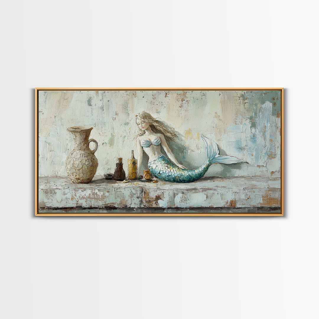 Rustic Mermaid Shelf Still Life Canvas Print, Coastal Wall Art, Beach House Decor, Nautical Bathroom Decor, Gift For Her