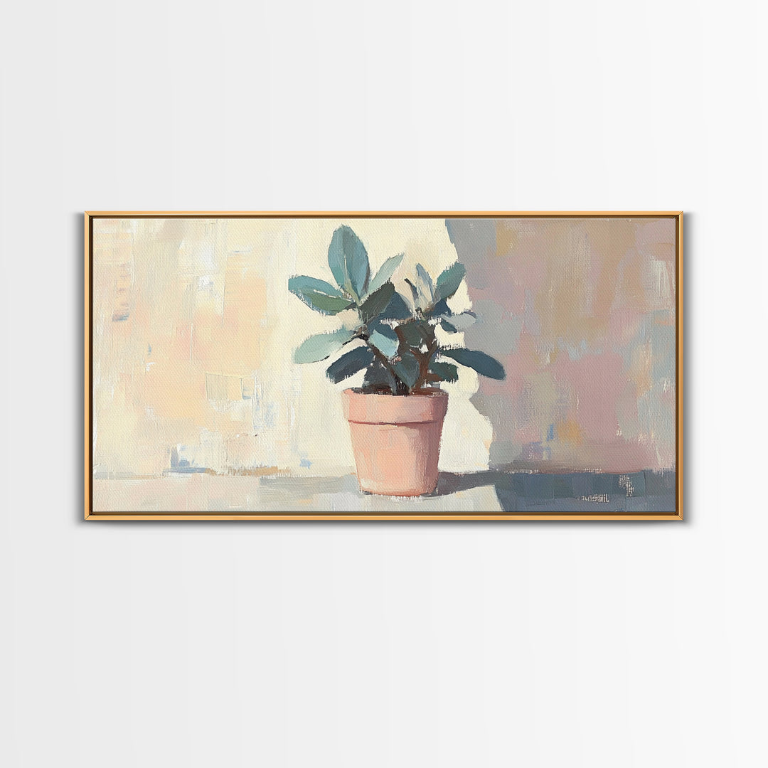 Potted Plant In Pink Pot Framed Canvas Print, Botanical Wall Art, Sage Green Decor, Modern Farmhouse Home Decor Gift Idea