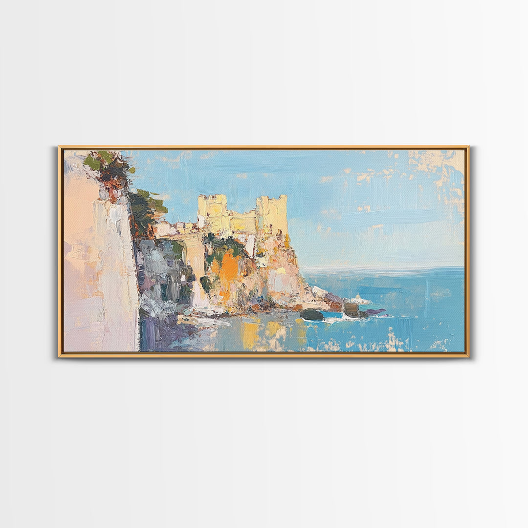 Sunlit Coastal Castle By Blue Sea Canvas Print, Mediterranean Wall Art, Italy Coast Decor, Seascape Painting, Travel Gift