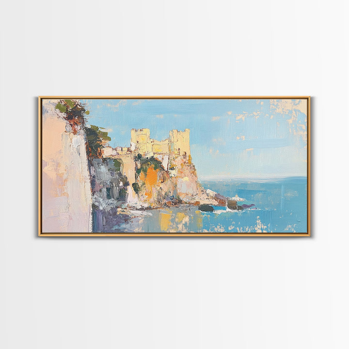 Sunlit Coastal Castle By Blue Sea Canvas Print, Mediterranean Wall Art, Italy Coast Decor, Seascape Painting, Travel Gift