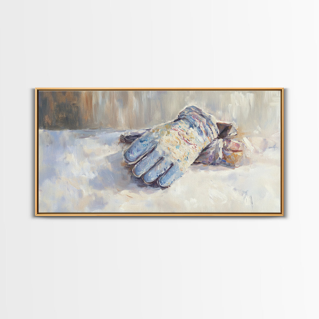 Snowy Blue Winter Glove Oil Painting Wall Art, Rustic Cabin Decor, Neutral Home Decor, Cozy Bedroom Art, Housewarming Gift