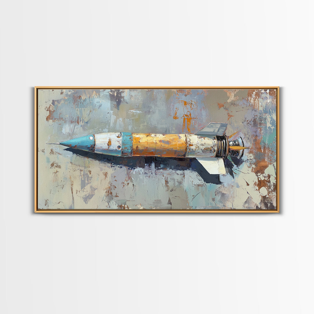 Retro Rocket Ship Oil Painting Wall Art, Space Lover Gift, Sci Fi Wall Decor, Industrial Art Print, Futuristic Home Decor