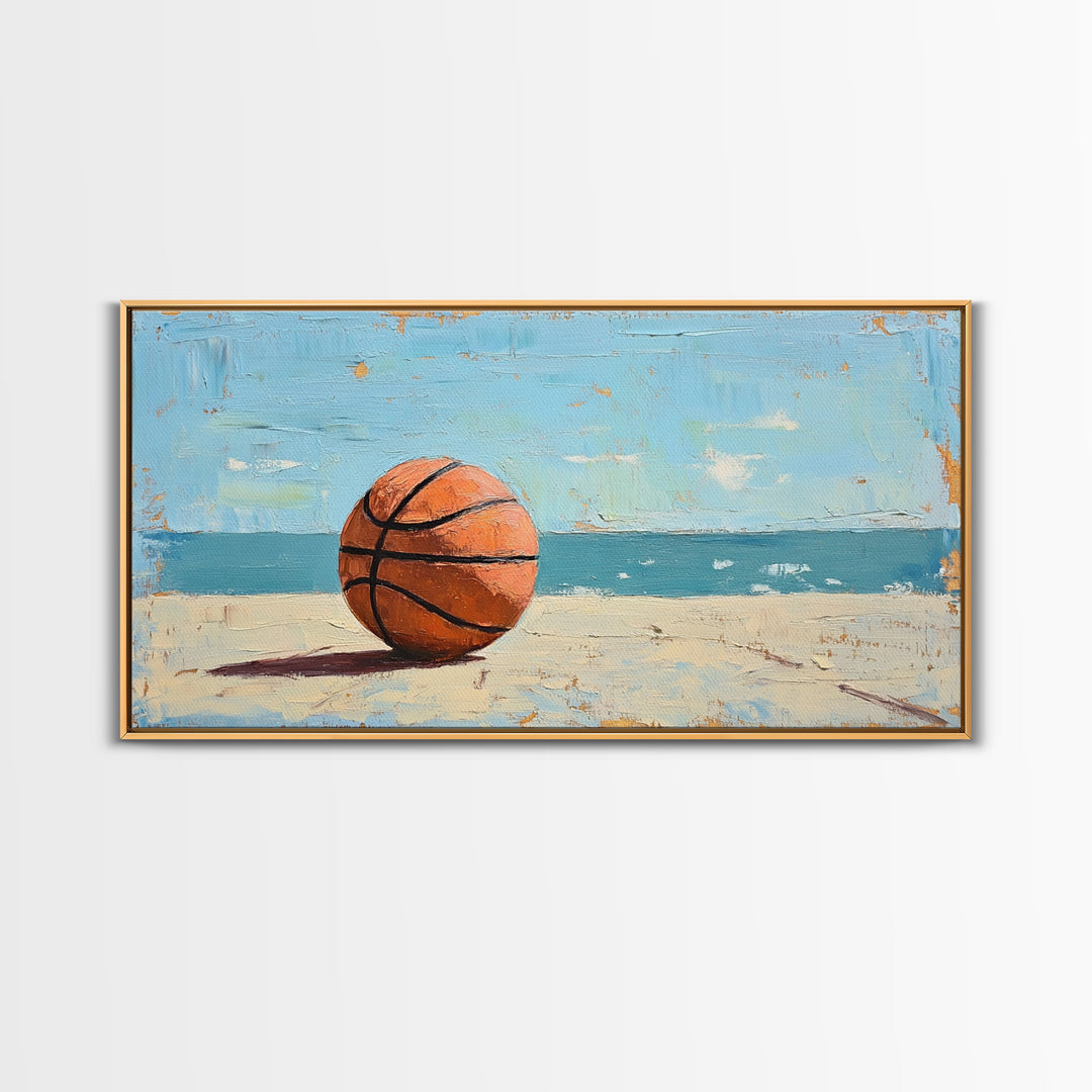 Basketball On Sandy Beach Canvas Print, Coastal Wall Art, Boys Room Decor, Sports Poster, Ocean Wall Decor, Gift For Him