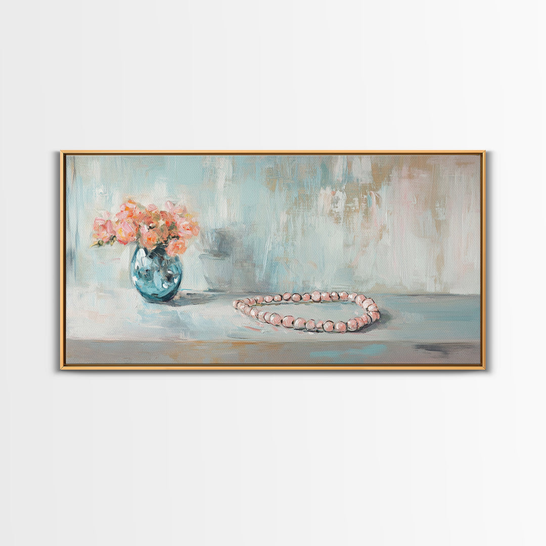 Pink Flowers And Pearl Necklace Framed Canvas Print, Feminine Wall Art, Romantic Bedroom Decor, Gift For Her, Soft Pastel Art