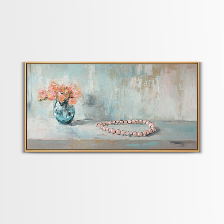 Pink Flowers And Pearl Necklace Framed Canvas Print, Feminine Wall Art, Romantic Bedroom Decor, Gift For Her, Soft Pastel Art