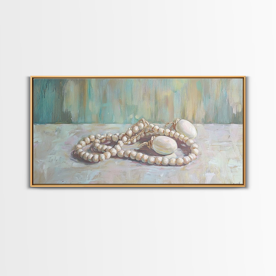 White Pearl Necklace Still Life Wall Art, Feminine Coastal Decor, Elegant Bathroom Art, Romantic Bedroom Canvas Print, Gift For Her