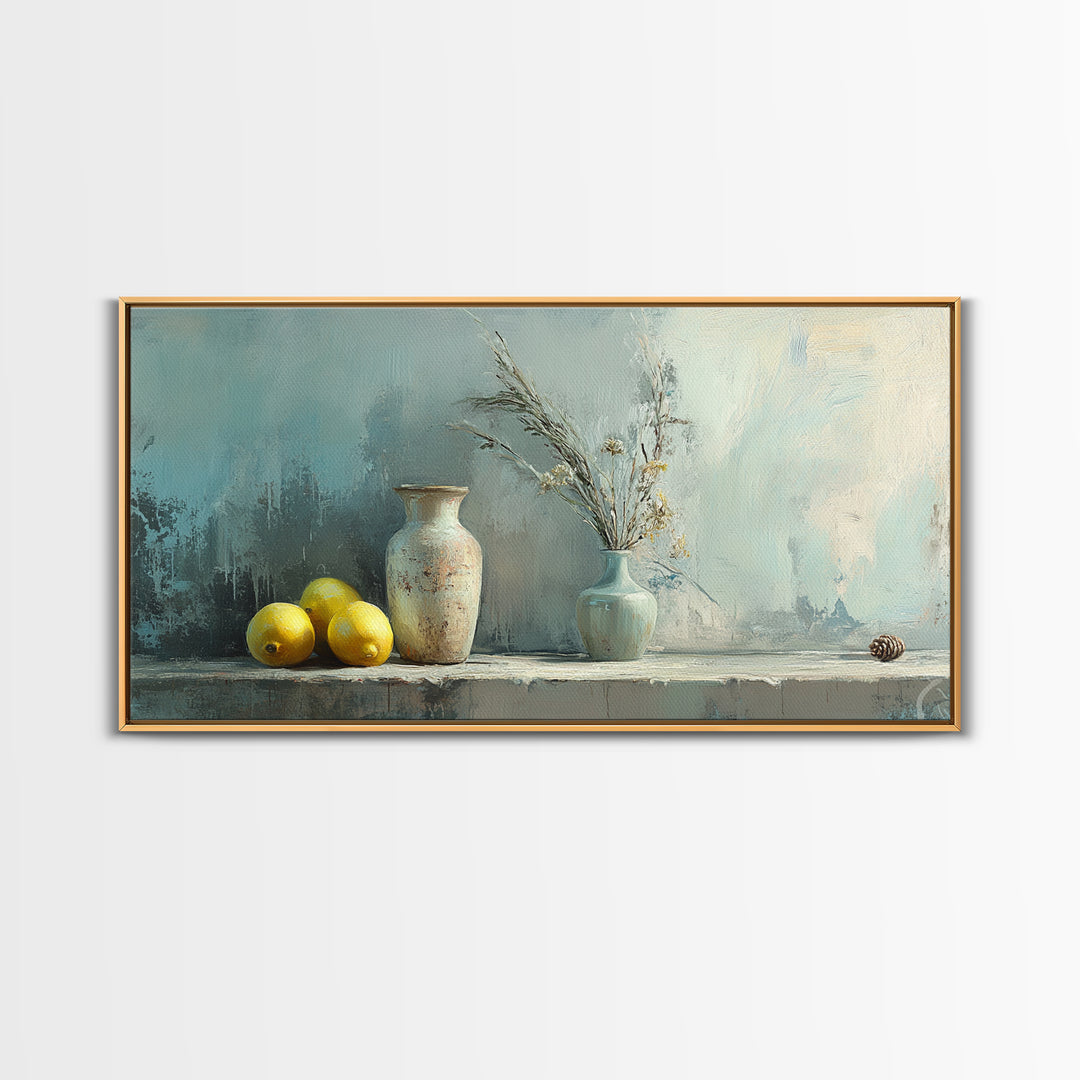 Lemons And Ceramic Vases Canvas Print, Rustic Kitchen Wall Art, French Country Decor, Neutral Still Life, Farmhouse Home Decor