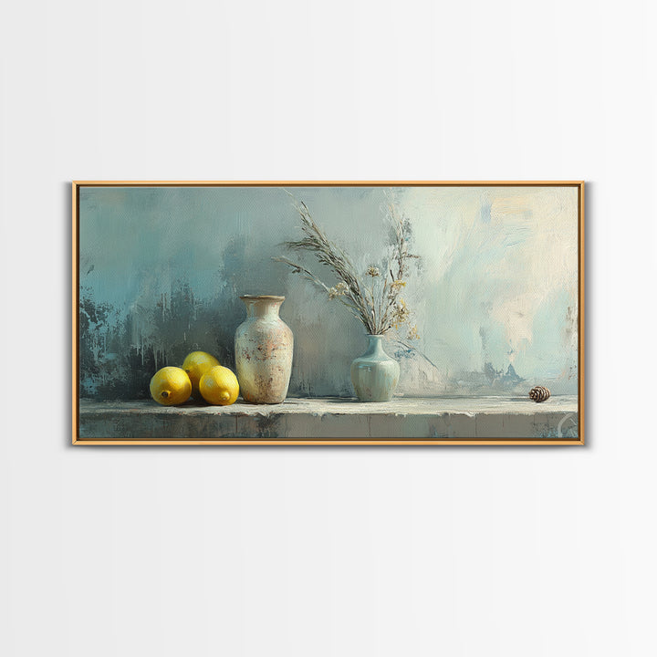 Lemons And Ceramic Vases Canvas Print, Rustic Kitchen Wall Art, French Country Decor, Neutral Still Life, Farmhouse Home Decor