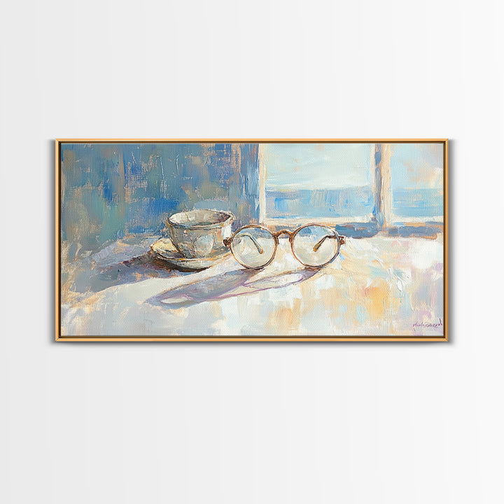 Eyeglasses And Teacup By Window Wall Art, Reading Nook Decor, Book Lover Gift, Cozy Office Canvas Print, Light Academia Decor