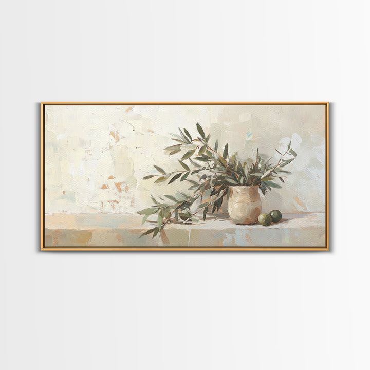 Olive Branches In Ceramic Vase Framed Canvas Print, Neutral Kitchen Decor, Botanical Wall Art, Mediterranean Home Decor Gift