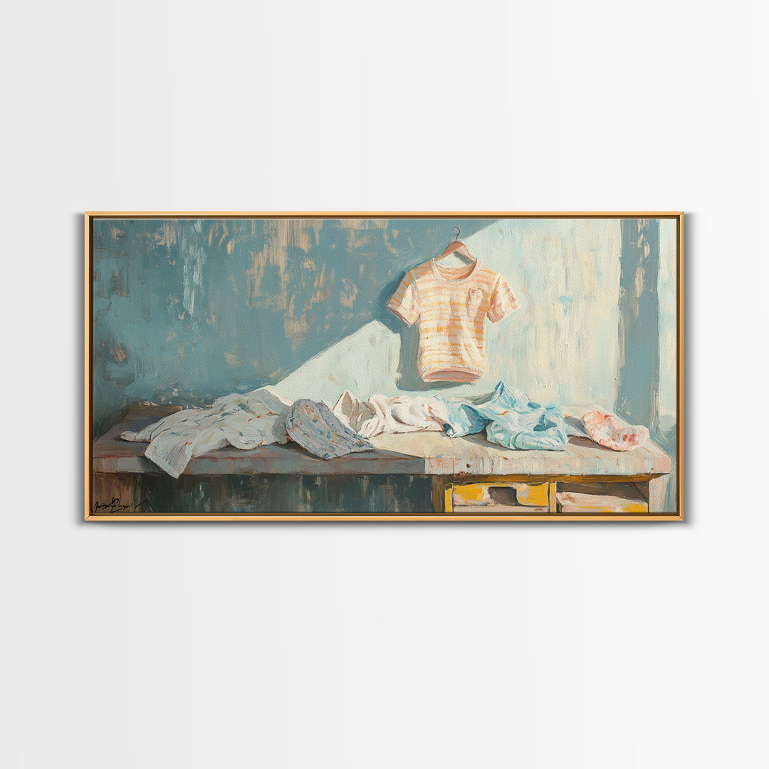 Sunlit Laundry Table With Baby Clothes Wall Art, Laundry Room Decor, Nursery Wall Art, Farmhouse Home Decor Canvas Print