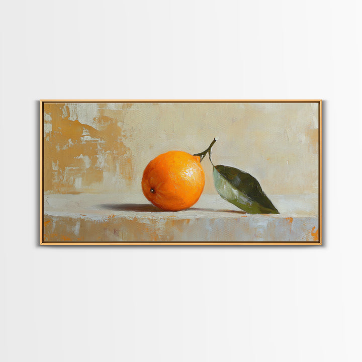 Single Orange With Glossy Green Leaf Canvas Print, Minimalist Kitchen Wall Art, Fruit Still Life, Modern Home Decor Gift