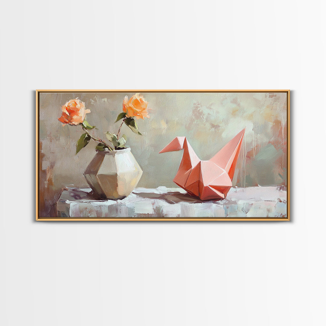 Pink Origami Fox With Peach Roses Wall Art, Whimsical Still Life Canvas Print, Girly Room Decor, Unique Gift For Her, Cute Prints