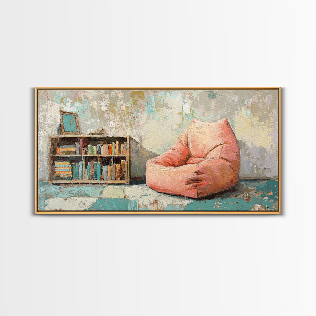 Cozy Pink Bean Bag Chair And Bookshelf Wall Art, Reading Nook Decor, Book Lover Art, Kids Room Canvas Print, Playroom Decor