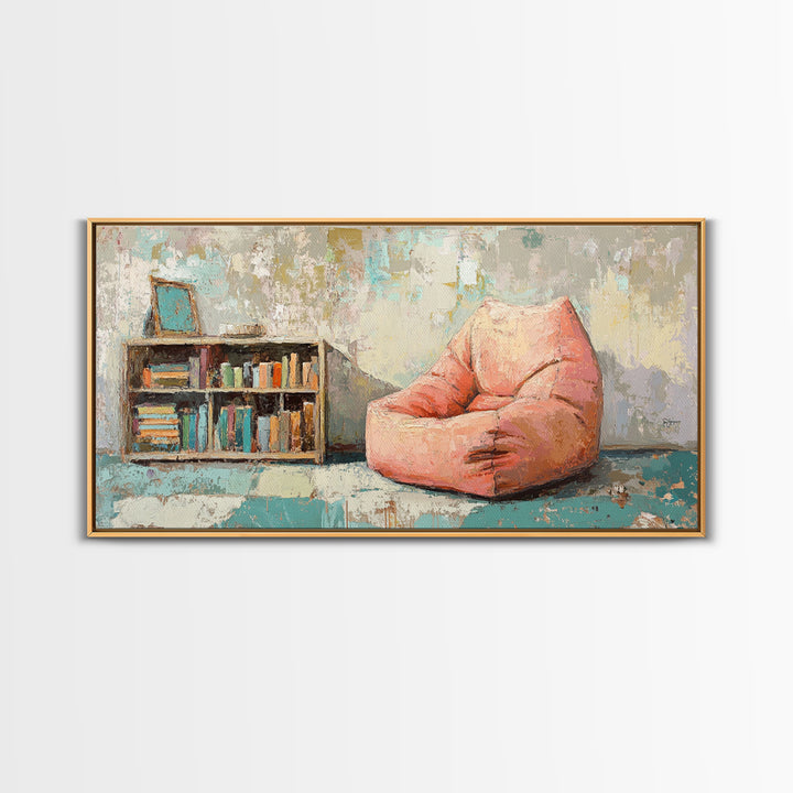 Cozy Pink Bean Bag Chair And Bookshelf Wall Art, Reading Nook Decor, Book Lover Art, Kids Room Canvas Print, Playroom Decor