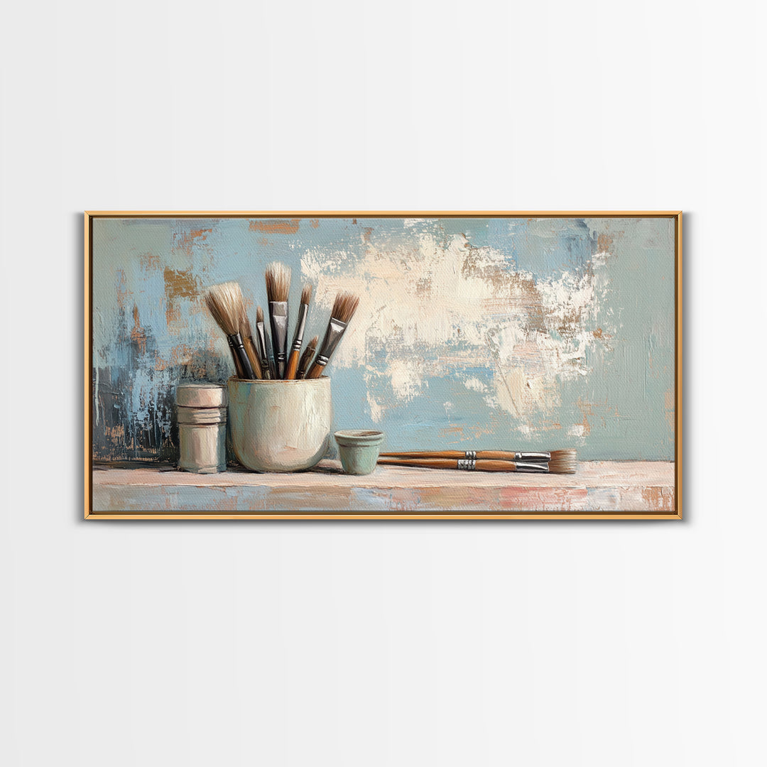 Artist Brushes In Ceramic Cup Canvas Print, Art Studio Wall Art, Creative Office Decor, Neutral Modern Home Decor Housewarming Gift