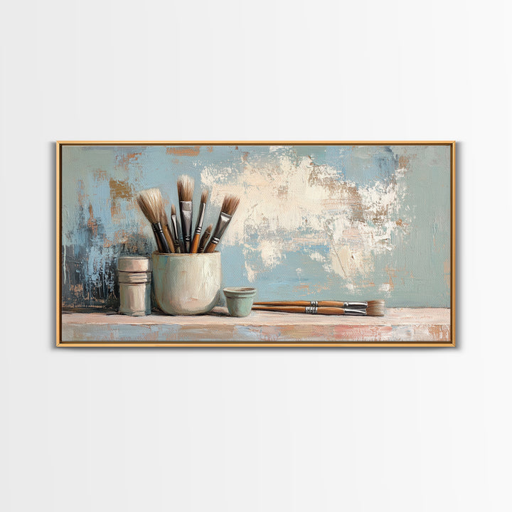 Artist Brushes In Ceramic Cup Canvas Print, Art Studio Wall Art, Creative Office Decor, Neutral Modern Home Decor Housewarming Gift