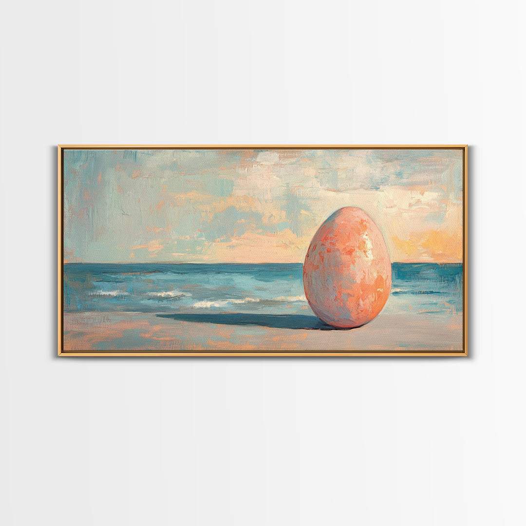 Surreal Pink Egg On Ocean Shore Canvas Print, Coastal Wall Art, Beach House Decor, Modern Seascape For Living Room, Statement Home Decor