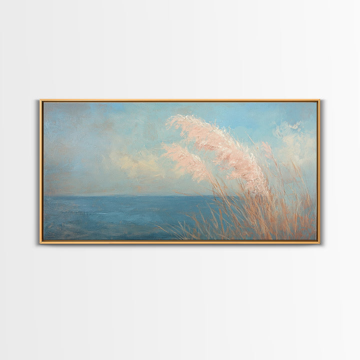 Soft Pampas Grass By Blue Sea Wall Art, Coastal Canvas Print, Minimalist Beach House Decor, Serene Nature Wall Decor, For Bedroom
