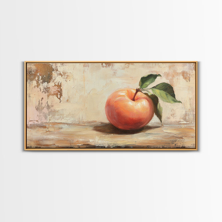 Rustic Red Apple With Green Leaves Canvas Print, Kitchen Wall Art, Farmhouse Still Life Decor, Fruit Painting Home Decor