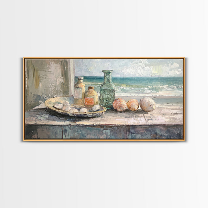 Seashells And Green Glass Bottle Canvas Print, Coastal Kitchen Wall Art, Beach House Decor, Nautical Still Life Fine Art Print