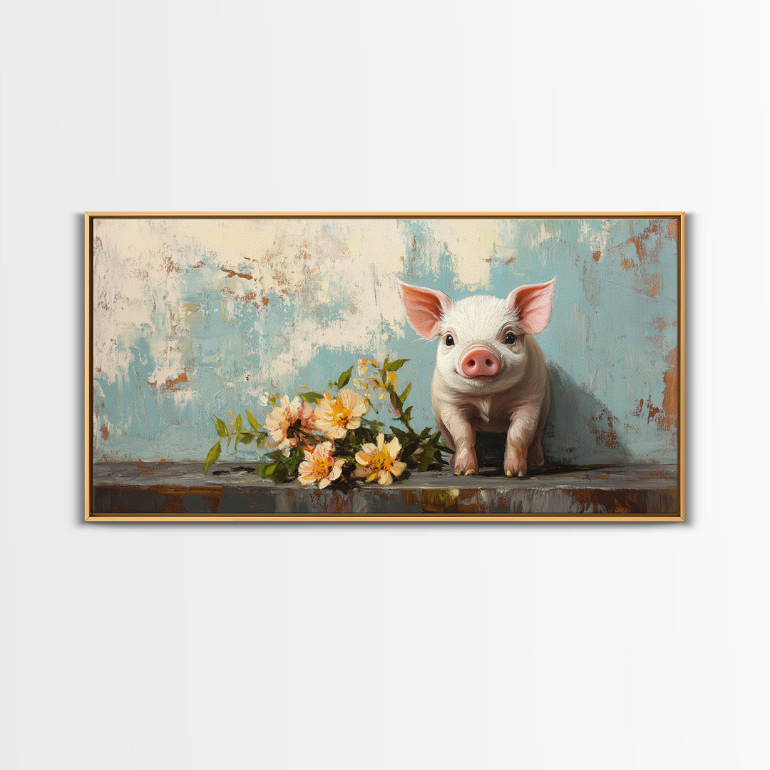Cute Piglet With Spring Flowers Canvas Print, Farm Animal Wall Art, Whimsical Nursery Decor, Farmhouse Kitchen Wall Decor