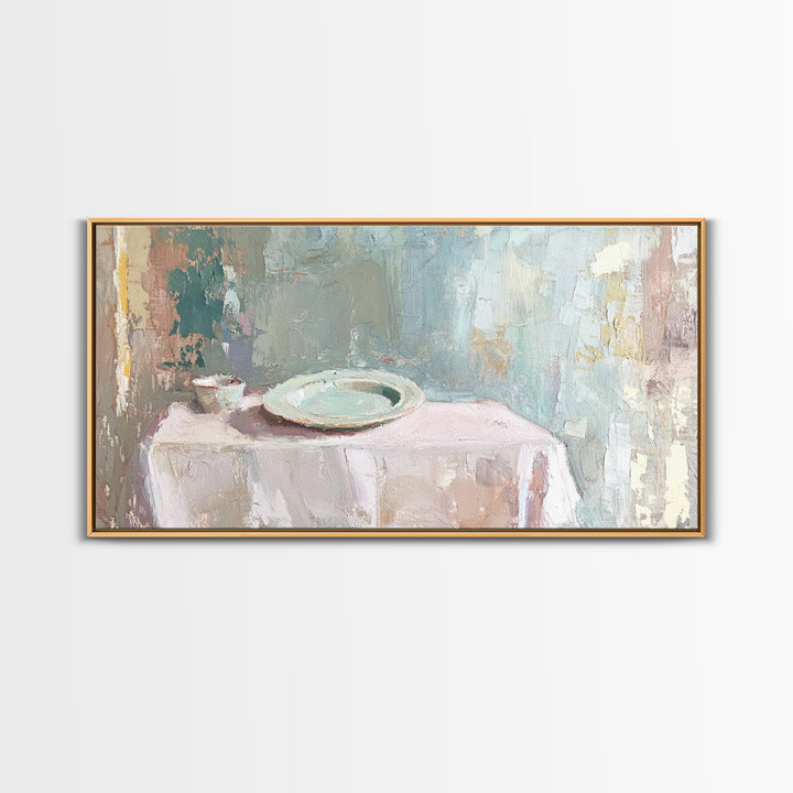 Pale Plate And Bowl Still Life Wall Art, Minimalist Kitchen Decor, Neutral Canvas Wall Art, Modern Dining Room Print, Home Decor