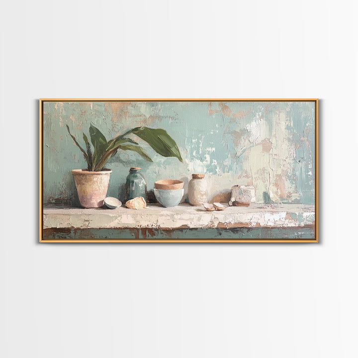 Potted Plant And Ceramic Bowl Canvas Print, Botanical Wall Art, Japandi Kitchen Decor, Neutral Home Decor For Living Room