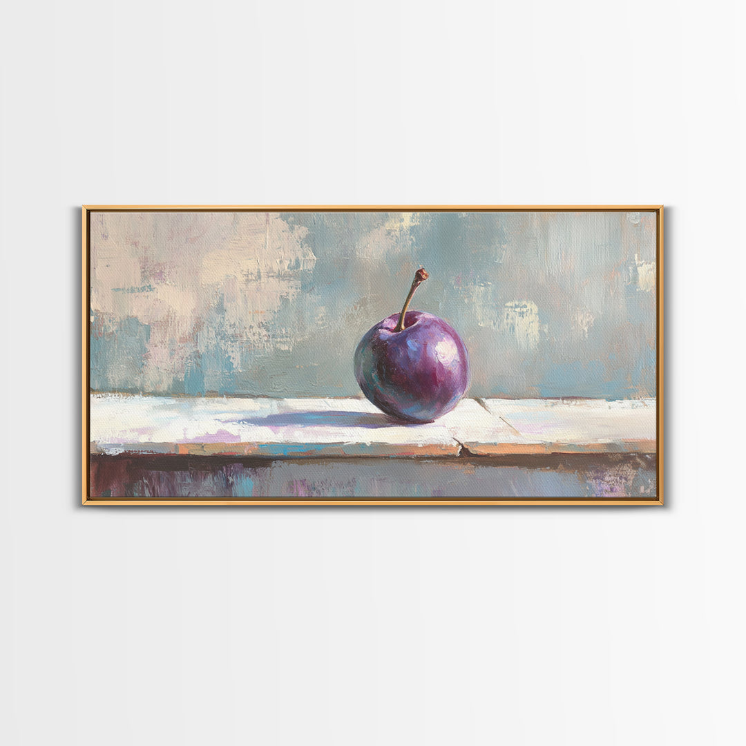Single Purple Plum Still Life Canvas Print, Minimalist Kitchen Wall Art, Fruit Art Painting, Modern Rustic Home Decor Gift