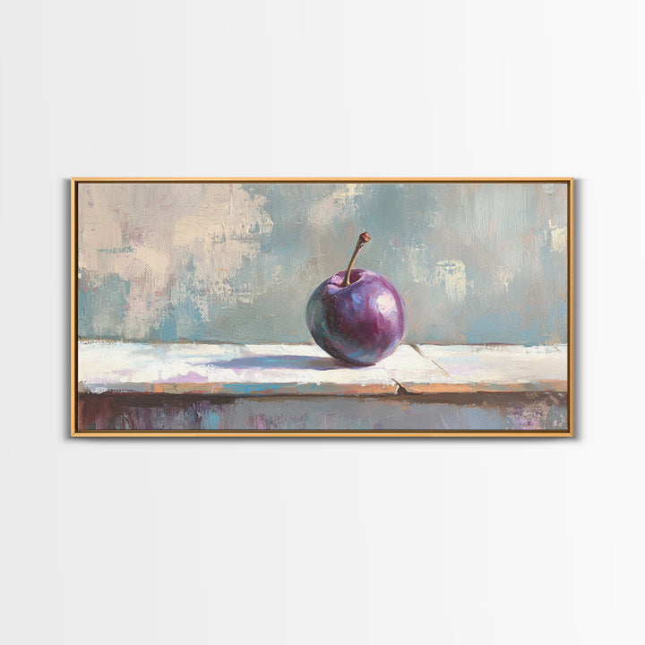 Single Purple Plum Still Life Canvas Print, Minimalist Kitchen Wall Art, Fruit Art Painting, Modern Rustic Home Decor Gift