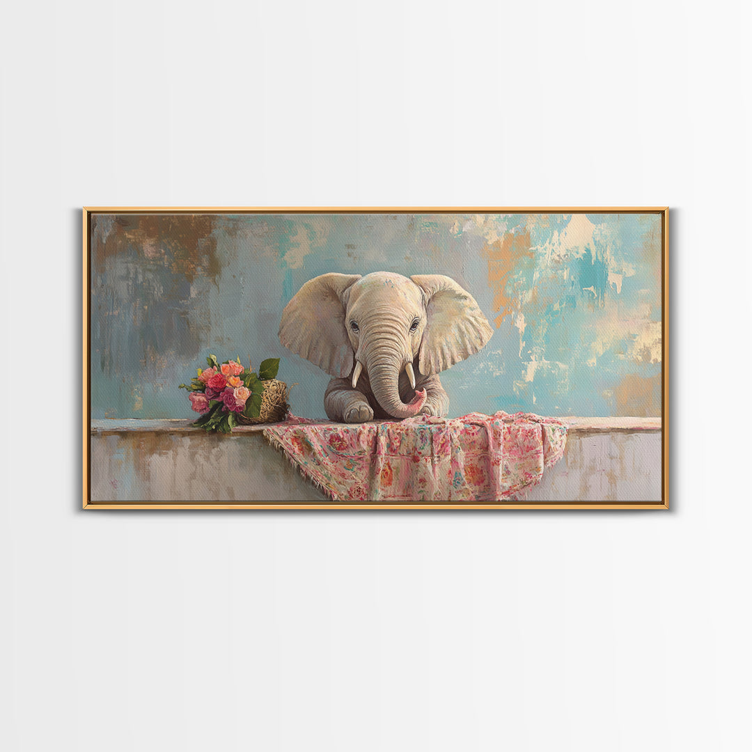 Baby Elephant With Flowers Framed Canvas Print, Safari Nursery Wall Art, Animal Wall Decor, Whimsical Kids Room Decor, Baby Shower Gift