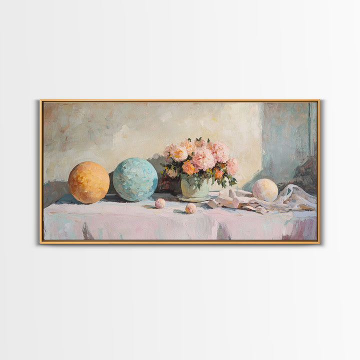 Pastel Orbs And Pink Flowers Canvas Print, Feminine Floral Wall Art, Dreamy Still Life Decor, Soft Bedroom Wall Decor For Her