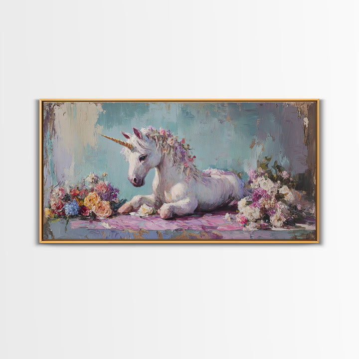 White Unicorn With Floral Garland Canvas Print, Fantasy Nursery Wall Art, Whimsical Girls Room Decor, Magical Gift For Her
