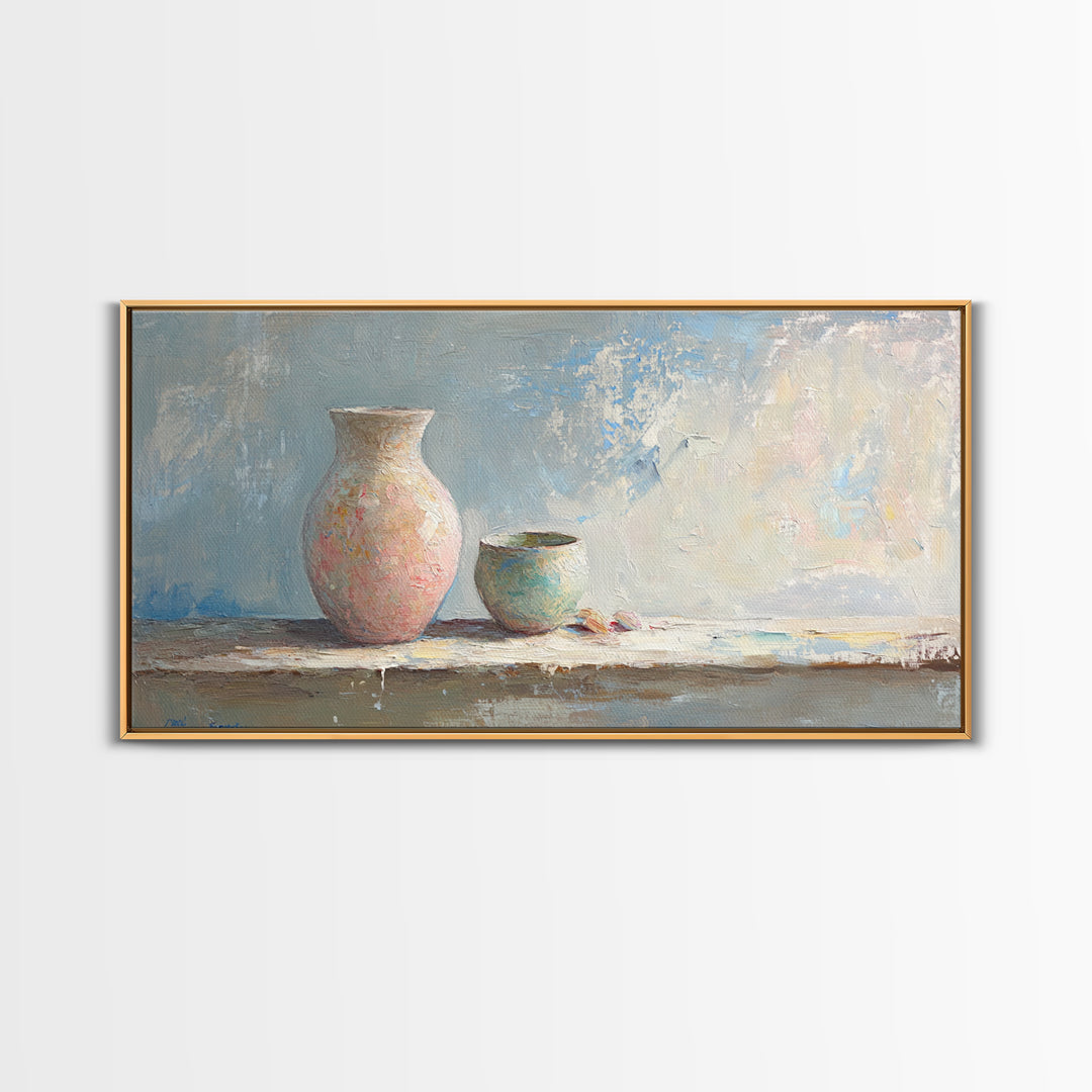 Pastel Ceramic Vase And Small Pot Wall Art, Minimalist Still Life, Neutral Home Decor, Modern Farmhouse Art, Living Room Decor