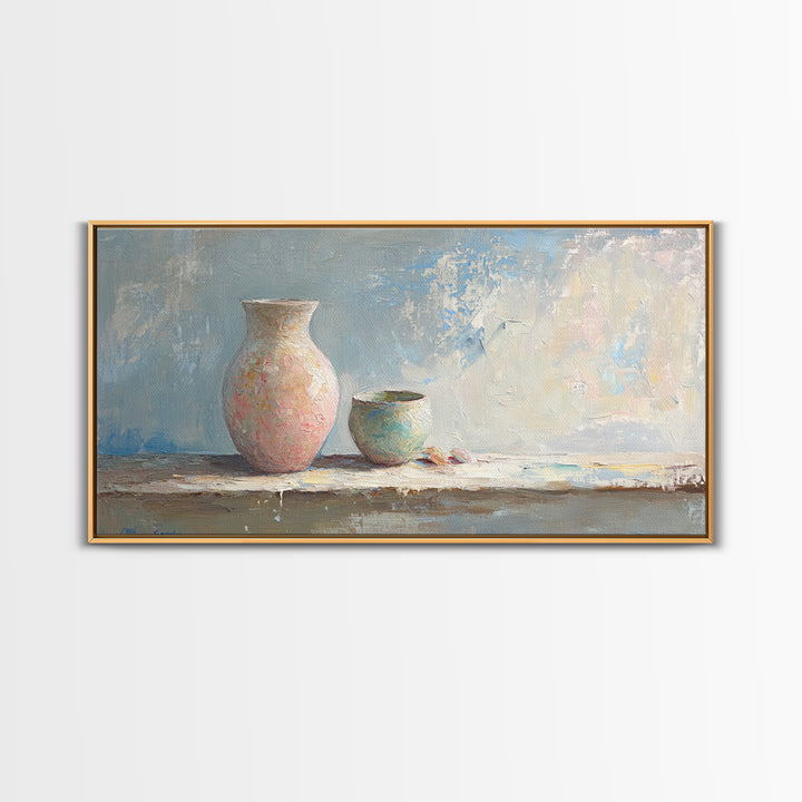 Pastel Ceramic Vase And Small Pot Wall Art, Minimalist Still Life, Neutral Home Decor, Modern Farmhouse Art, Living Room Decor