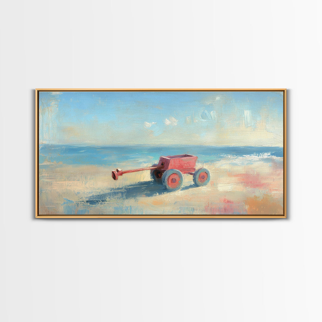 Red Toy Wagon On Sandy Beach Canvas Print, Coastal Nursery Wall Art, Whimsical Ocean Decor, Summer Kids Room Decor Print