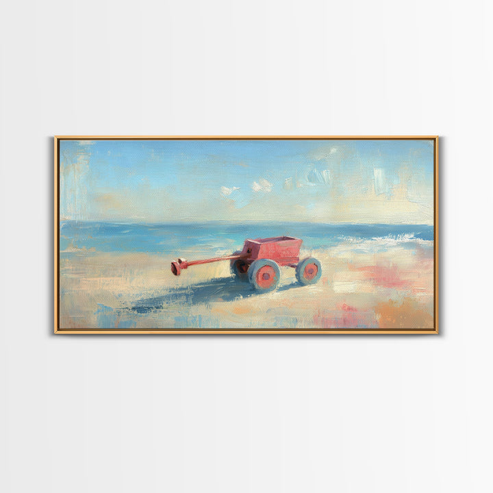 Red Toy Wagon On Sandy Beach Canvas Print, Coastal Nursery Wall Art, Whimsical Ocean Decor, Summer Kids Room Decor Print