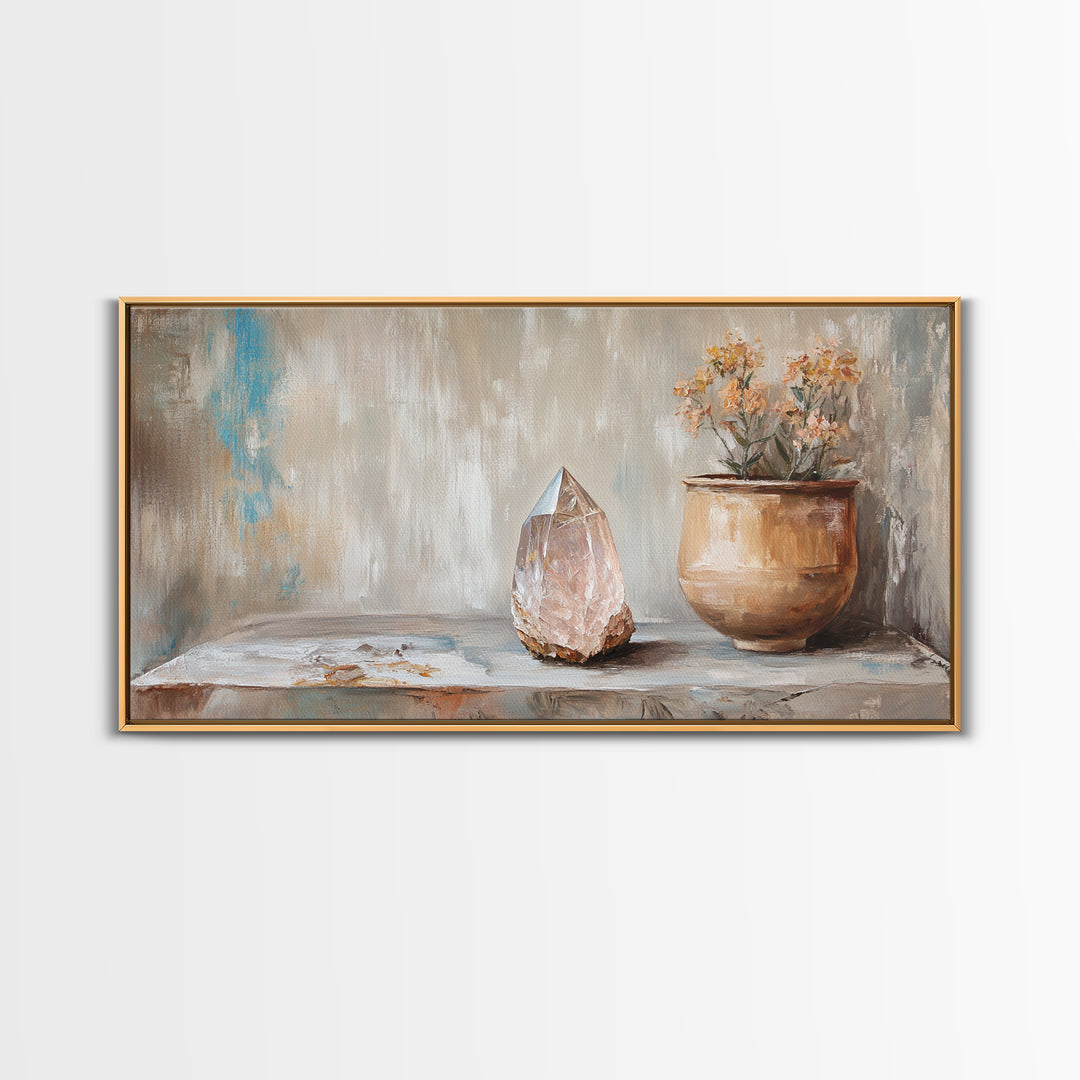 Rose Quartz Crystal And Potted Flowers Wall Art, Zen Still Life Painting, Earth Tone Boho Decor, Spiritual Canvas Print, Unique Gift