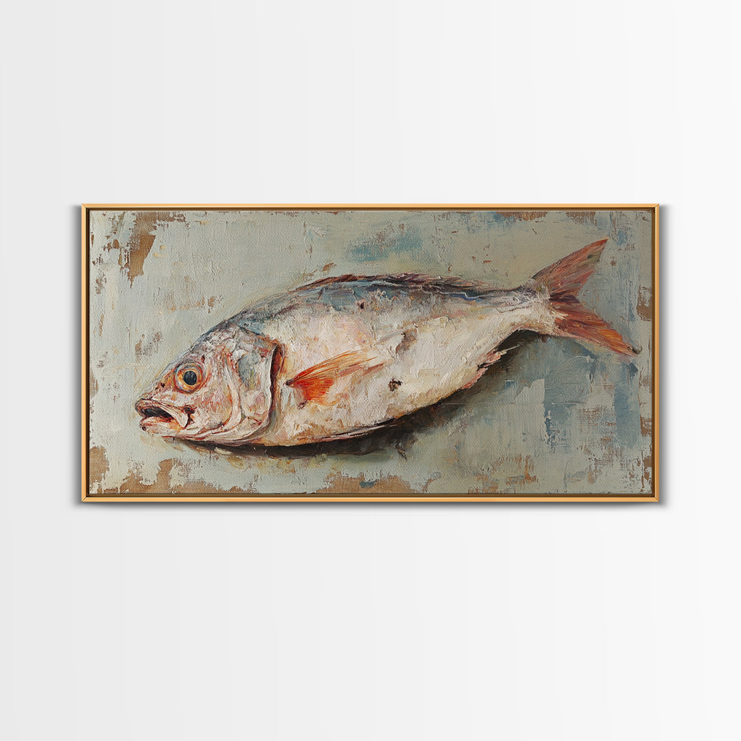 Rustic Whole Fish Oil Painting Wall Art, Coastal Kitchen Decor, Seafood Still Life, Nautical Dining Room Canvas Art Print