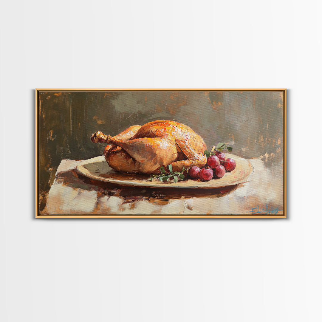Roast Chicken And Grapes Oil Painting Wall Art, Rustic Kitchen Decor, Foodie Gift, Farmhouse Dining Room Canvas Print For Chefs