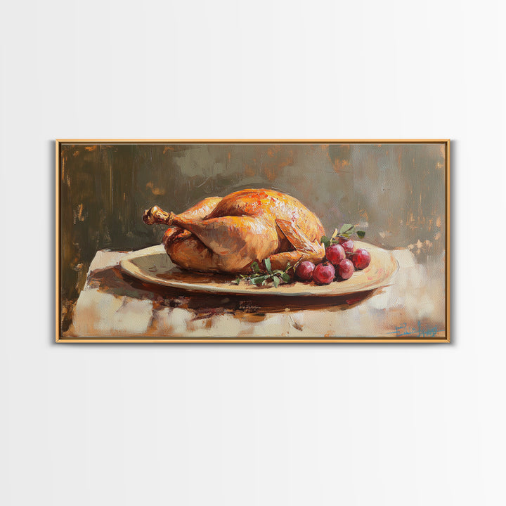 Roast Chicken And Grapes Oil Painting Wall Art, Rustic Kitchen Decor, Foodie Gift, Farmhouse Dining Room Canvas Print For Chefs