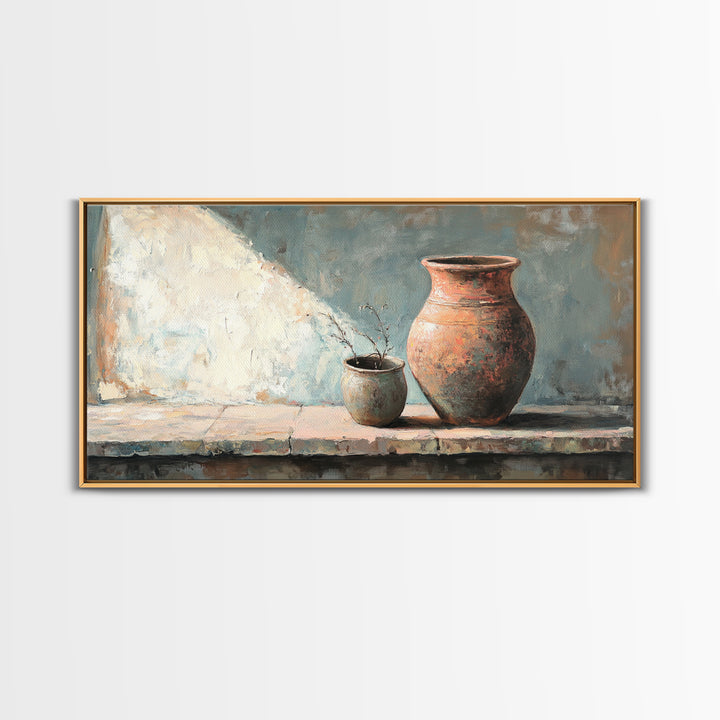 Rustic Terracotta Vase Still Life Wall Art, Earth Tone Kitchen Decor, Farmhouse Canvas Print, Warm Neutral Living Room Art
